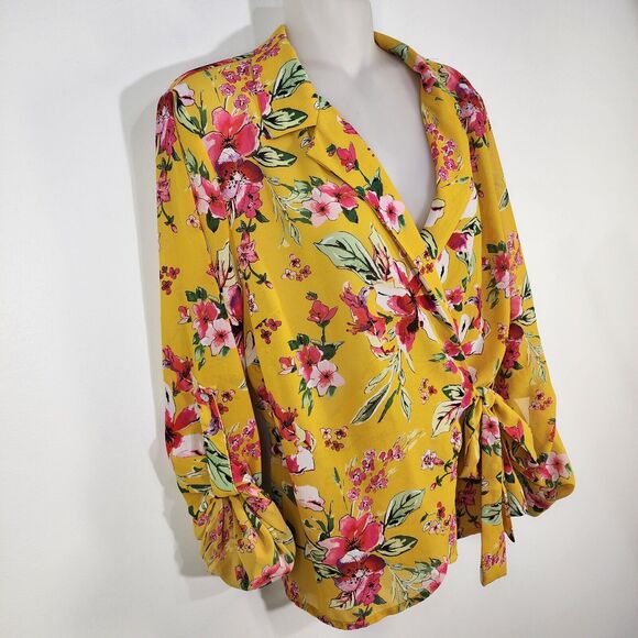 Kut From The Kloth Womens Blouse Large Floral Felicity Wrap Top Tie Waist Yellow - Picture 4 of 10